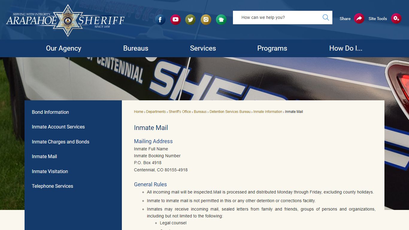 Inmate Mail | Arapahoe County, CO - Official Website